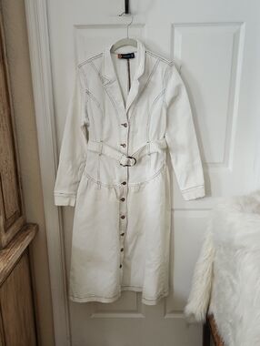 White Button-Front Belted Dress